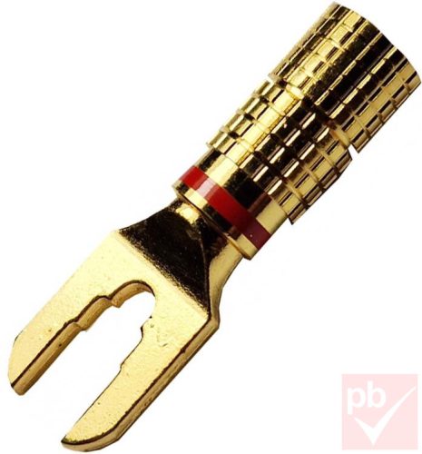 Kábelsaru, M6/M5/M3, hangfalhoz - mélynyomóhoz, villás, aranyozott, piros