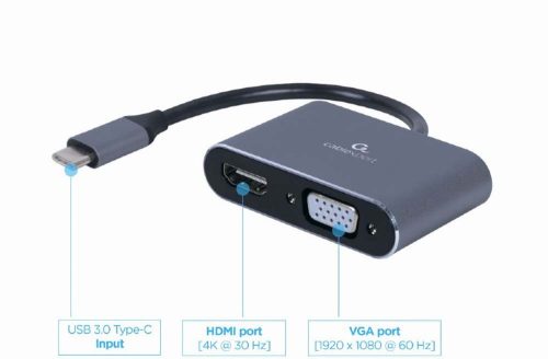 USB 3.0 C-HDMI átalakító, Type-C dugó - HDMI + VGA aljzat (20cm)