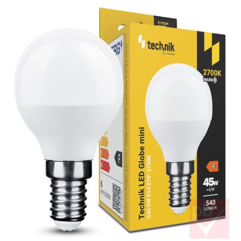 Technik LED fényforrás, E14, 6W, 2700K, 540lm, G45 gömb