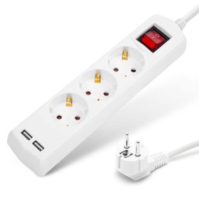   Hálózati elosztós hosszabbító, fehér, 3 aljzat, kapcsolós, 2x USB aljzat 1.5m