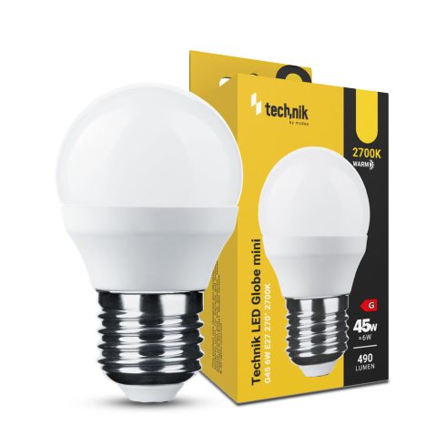 Technik LED fényforrás, E27, 6W, 2700K, 490lm, G45 gömb