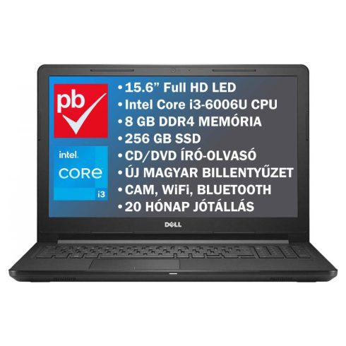 Dell Vostro 15-3568 15.6" felújított prémium használt laptop (Core i3 6th, 8GB DDR4, 256GB SSD, DVD-RW)