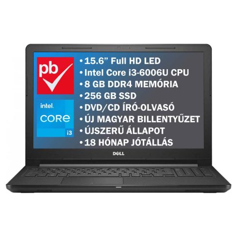 Dell Vostro 15-3568 15.6" felújított prémium használt laptop (Core i3 6th, 8GB DDR4, 256GB SSD, DVD-RW)
