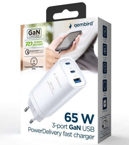 Gembird 65W GaN hálózati USB töltő 3db aljzattal (Type-A + 2x Type-C, PD, QC3.0)