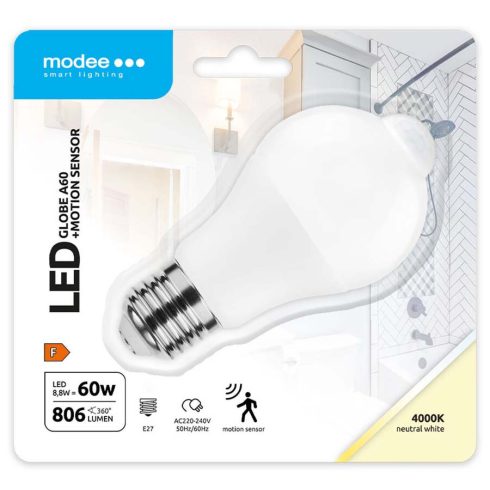 Modee LED fényforrás PIR mozgásérzékelővel, E27, 8.8W, 4000K, 806lm, gömb (G60)