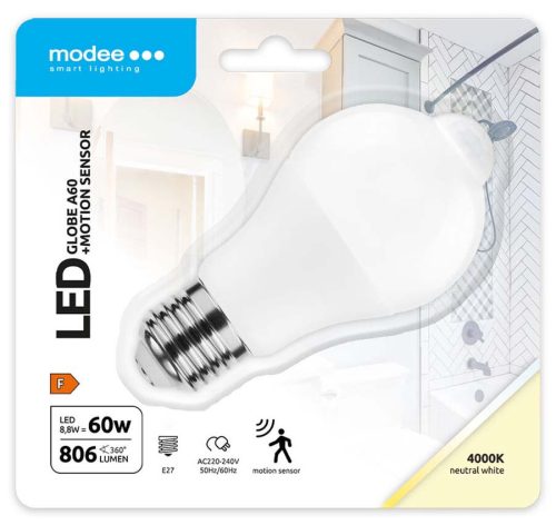 Modee LED fényforrás PIR mozgásérzékelővel, E27, 8.8W, 4000K, 806lm, gömb (G60)
