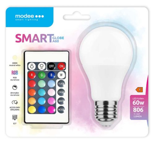 Modee LED Smart fényforrás távirányítóval, E27, 9.4W, RGB, 806lm, gömb (G60)