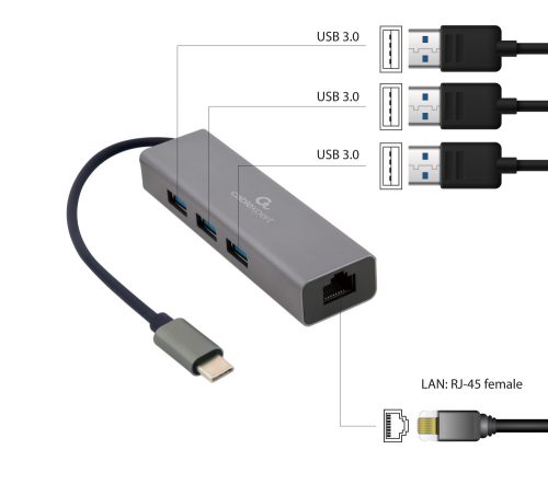 Gembird gigabit USB LAN adapter Type-C dugóval + 3 portos USB 3.1 elosztó (HUB)
