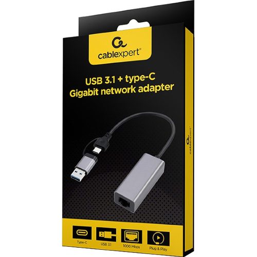 Gembird gigabit USB LAN adapter Type-C dugóval + Type-A átalakítóval