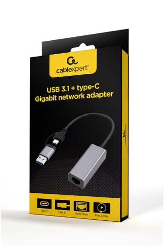 Gembird gigabit USB LAN adapter Type-C dugóval + Type-A átalakítóval