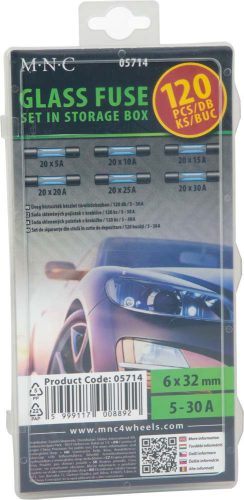 Üvegbiztosíték készlet, 120db-os, 32x6mm, 5-30A