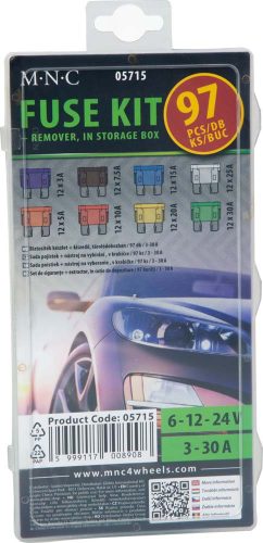 Késes biztosíték készlet, normál méret, 97db-os, 3-30A, kiszedő szerszámmal