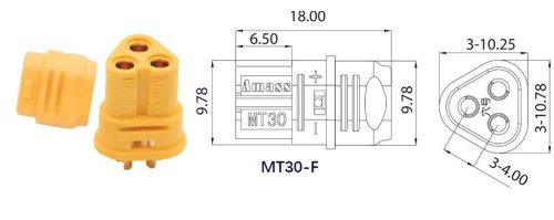 Elektromos csatlakozó, MT30, anya, 3 pólusú, forrasztható, sárga, 15A