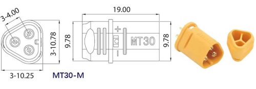 Elektromos csatlakozó, MT30, apa, 3 pólusú, forrasztható, sárga, 15A