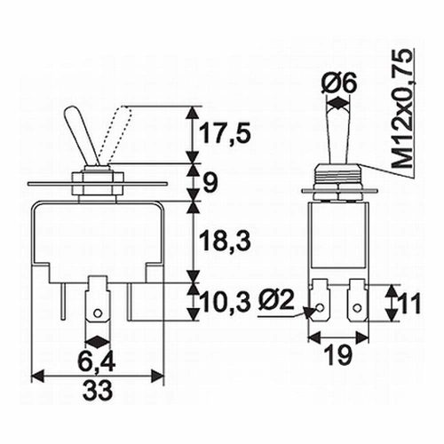 Karos kapcsoló, 2 körös, 2 állású, 6 láb, 250V 10A, 6.3mm csúszósarus