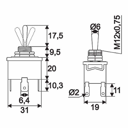 Karos kapcsoló, 2 körös, 3 állású, 6 láb, 250V 10A, 6.3mm csúszósarus