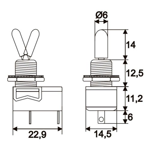 Karos kapcsoló, 1 körös, 2 állású, 2 láb, 250V 3A, 6.3mm csúszósarus