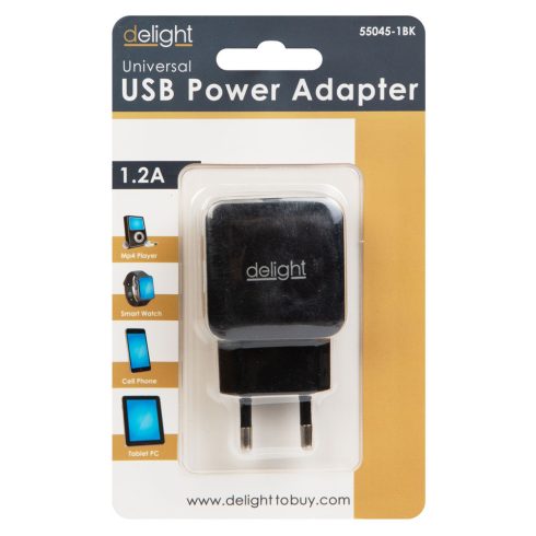 Delight hálózati USB töltő adapter 1db aljzattal (fekete, 1.2A)