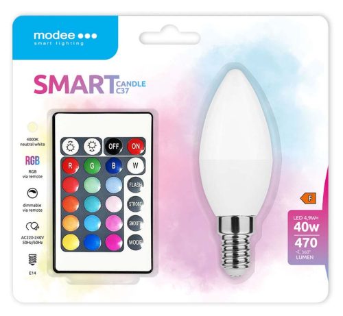 Modee LED Smart fényforrás távirányítóval, E14, 4.9W, RGB, 470lm, gyertya (C35)