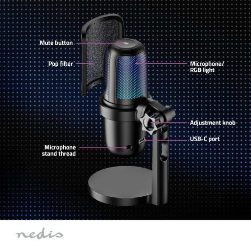 Nedis Streaming Microphone With RGB Lighting multimédiás asztali gamer mikrofon