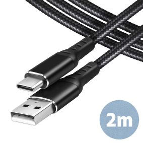   USB 2.0 A-C összekötő kábel, 2.0m, fekete, fonott bevonat, tépőzáras kötegelővel