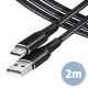 USB 2.0 A-C összekötő kábel, 2.0m, fekete, fonott bevonat, tépőzáras kötegelővel