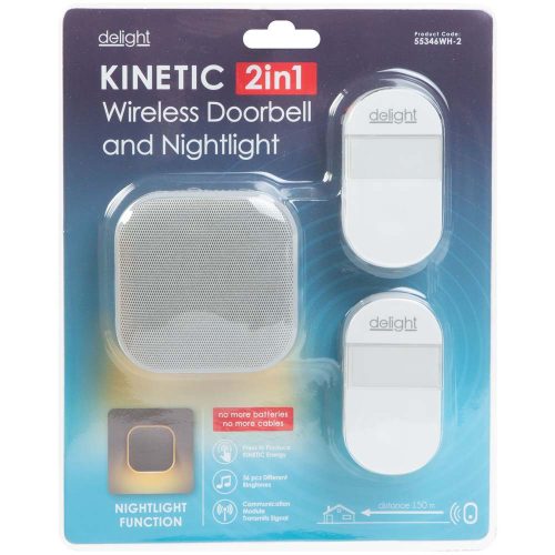 Delight Kinetic elem és vezeték nélküli konnektorba dugható csengő éjjeli fény funkcióval, 2db nyomógombbal (fehér)