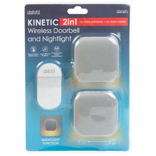 Delight Kinetic elem és vezeték nélküli konnektorba dugható csengő éjjeli fény funkcióval, 2db-os szett (fehér)