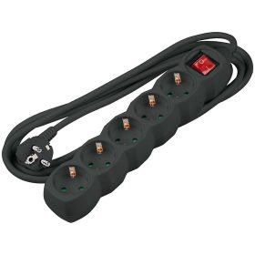   Hálózati elosztós hosszabbító, fekete, 5 aljzat, kapcsolós 1.5m (1.5mm2)