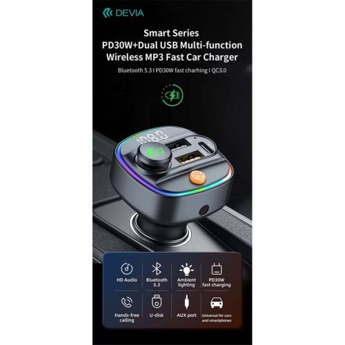 Devia Bluetooth FM transzmitter 3x USB (A+C) 30W gyorstöltővel