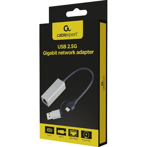 Gembird 2.5G gigabit USB LAN adapter Type-C dugóval + Type-A átalakítóval