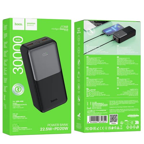Hoco 30000mAh Intelligence Balance Power Bank, hordozható akkumulátor (PD 20W, 25.5W, fekete)
