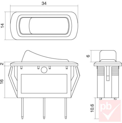 Billenő kapcsoló, szögletes, piros világítás, 1 körös, 2 állású, 3 láb, 31x11mm