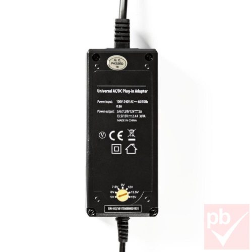 Univerzális tápegység, 5/6/7.5/9/12/13.5/15V DC, 3000mA, 6db csatlakozóval