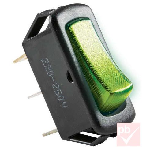 Billenő kapcsoló, szögletes, zöld világítás, 1 körös, 2 állású, 3 láb, 31x11mm