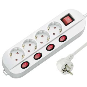   Hálózati elosztós hosszabbító, fehér, 4 külön kapcsolható aljzat + főkapcsoló 1.5m
