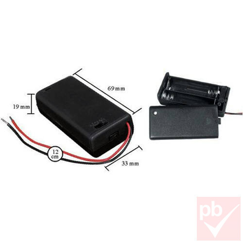 Elem tartó, 2db AA elem számára, zárt, kábellel, kapcsolóval