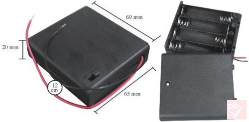 Elem tartó, 4db AA elem számára, zárt, kábellel, kapcsolóval