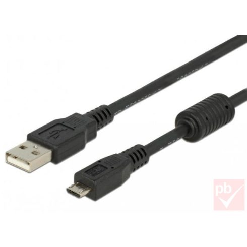USB 2.0 A-micro B összekötő kábel 1.0m fekete, ferritgyűrűs