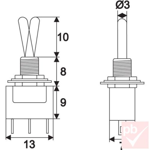Karos kapcsoló, 2 körös, 2 állású, 3 láb, 250V 3A