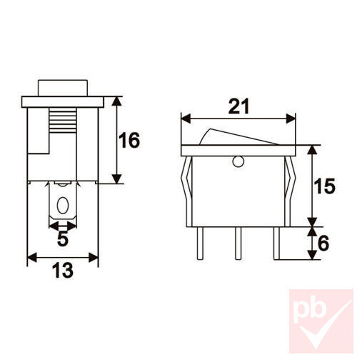 Billenő kapcsoló, szögletes, kék világítással, 1 körös, 2 állású, 21x13mm