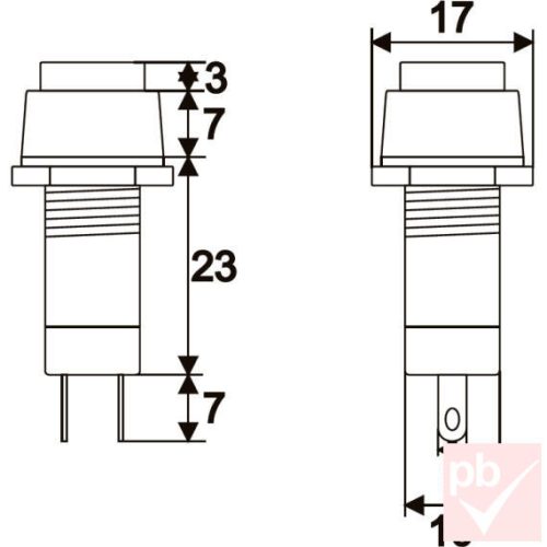 Nyomókapcsoló, 1 körös, 2 állású, 2 láb, fekete, 250V 1A
