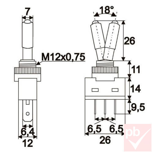 Karos kapcsoló, 1 körös, 2 állású, kék LED, 12V DC 20A, 6.3mm csúszósarus