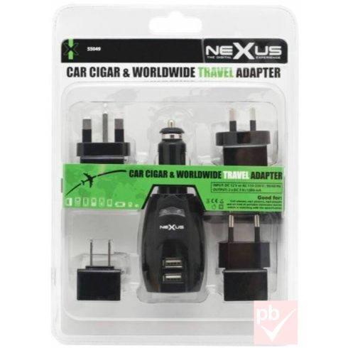 Nexus utazó USB töltő 2db aljzattal (szivargyújtó, UK, US, AU, EU)