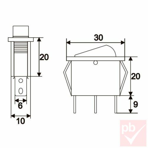 Billenő kapcsoló, szögletes, zöld világítással, 1 körös, 2 állású, 30x10mm