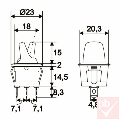 Karos kapcsoló, kerek, piros világítással, 1 körös, 2 állású, átmérő: 19mm
