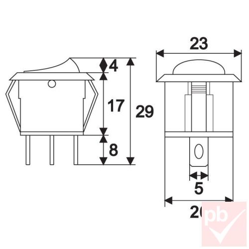 Billenő kapcsoló, kerek, sárga világítás, 1 körös, 2 állású, 23mm