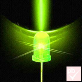   LED, 5mm, zöld (fluorescent), 20000-22000mcd, 2.9-3.6V, 15°, víztiszta