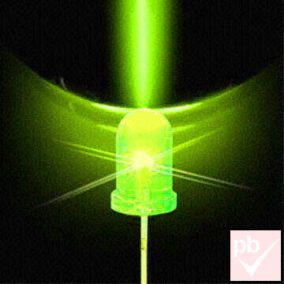   LED, 5mm, zöld (fluorescent), 20000-22000mcd, 2.9-3.6V, 15°, víztiszta