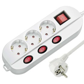   Hálózati elosztós hosszabbító, fehér, 3 külön kapcsolható aljzat + főkapcsoló 1.5m